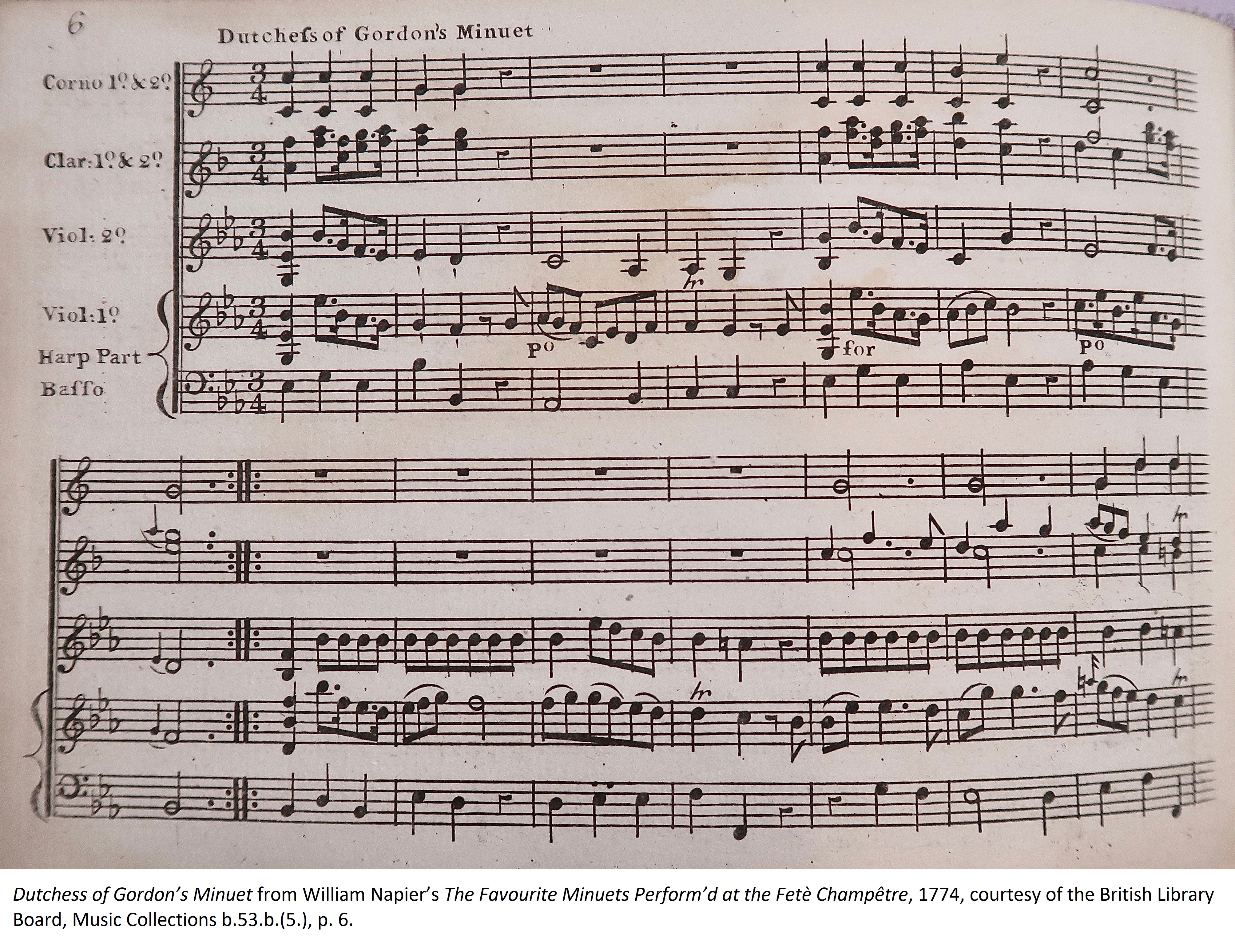Dutchess of Gordon’s Minuet from William Napier’s The Favourite Minuets Perform’d at the Fetè Champêtre, 1774, courtesy of the British Library Board, Music Collections b.53.b.(5.), p. 6.