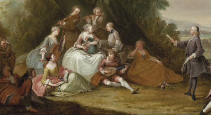 Jean-Antoine Watteau (1684-1721) (in the manner of ), Music Party under an Awning in a Landscape (detail),Brodie Castle.