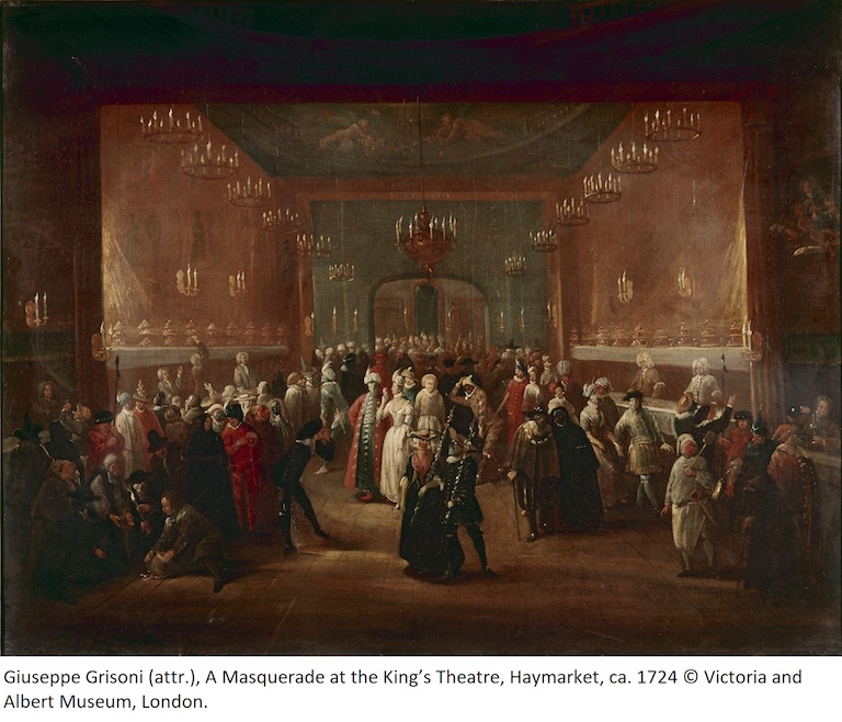 Giuseppe Grisoni (attr.), A Masquerade at the King’s Theatre, Haymarket, ca. 1724 © Victoria and Albert Museum, London.