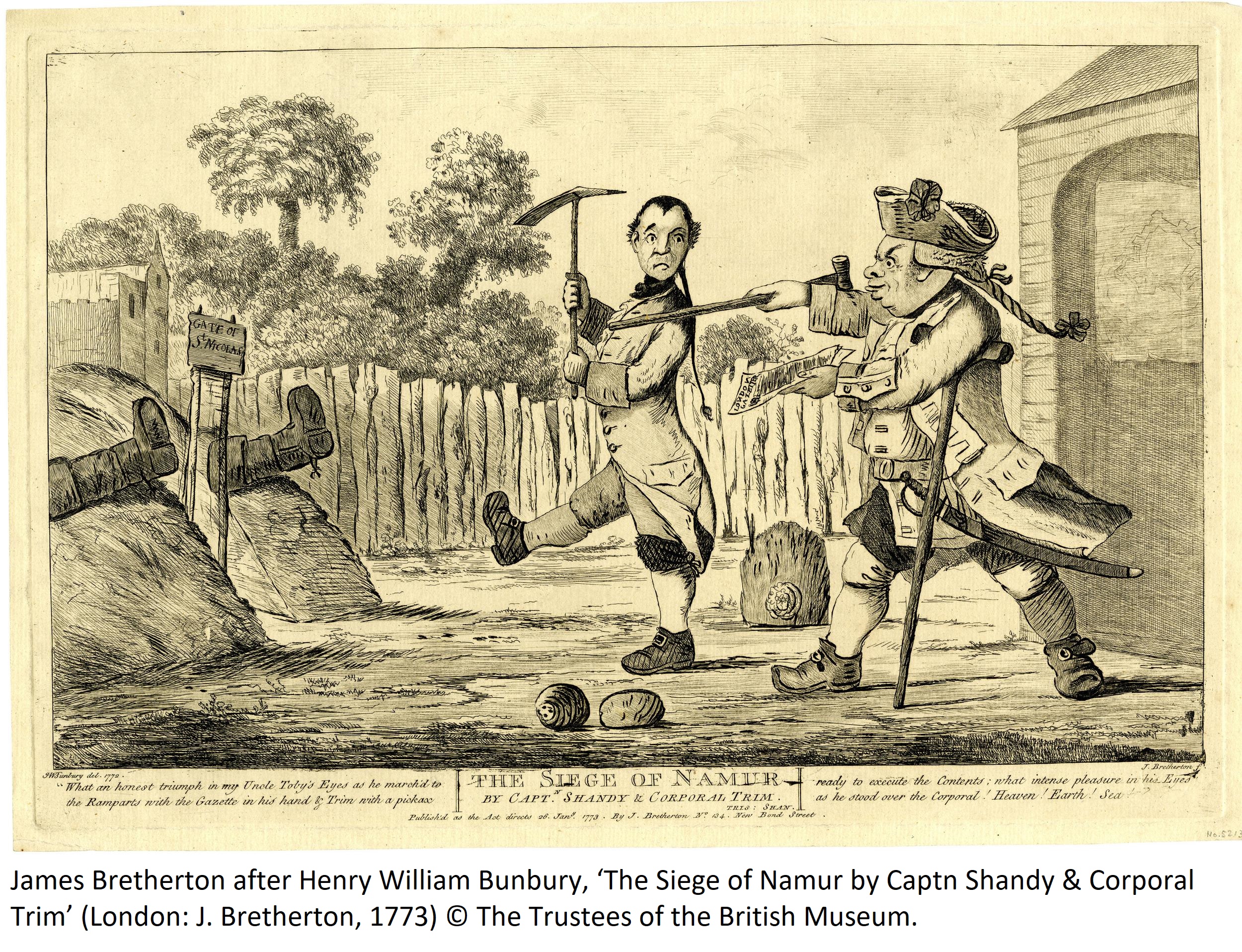 James Bretherton after Henry William Bunbury, ‘The Siege of Namur by Captn Shandy & Corporal Trim’ (London: J. Bretherton, 1773) © The Trustees of the British Museum.