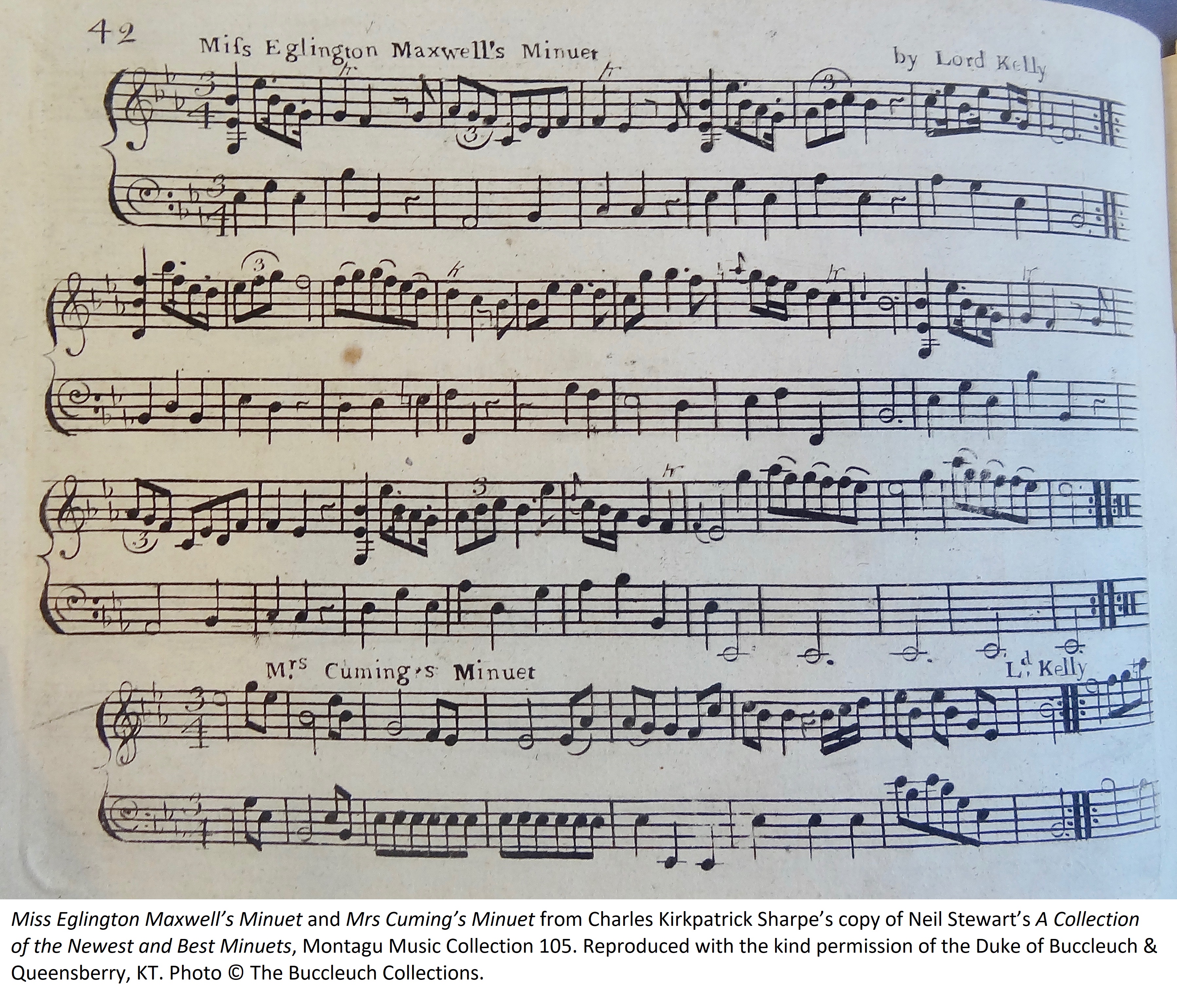 Miss Eglington Maxwell’s Minuet and Mrs Cuming’s Minuet from Charles Kirkpatrick Sharpe’s copy of Neil Stewart’s A Collection of the Newest and Best Minuets, Montagu Music Collection 105. Reproduced with the kind permission of the Duke of Buccleuch & Queensberry, KT. Photo © The Buccleuch Collections.