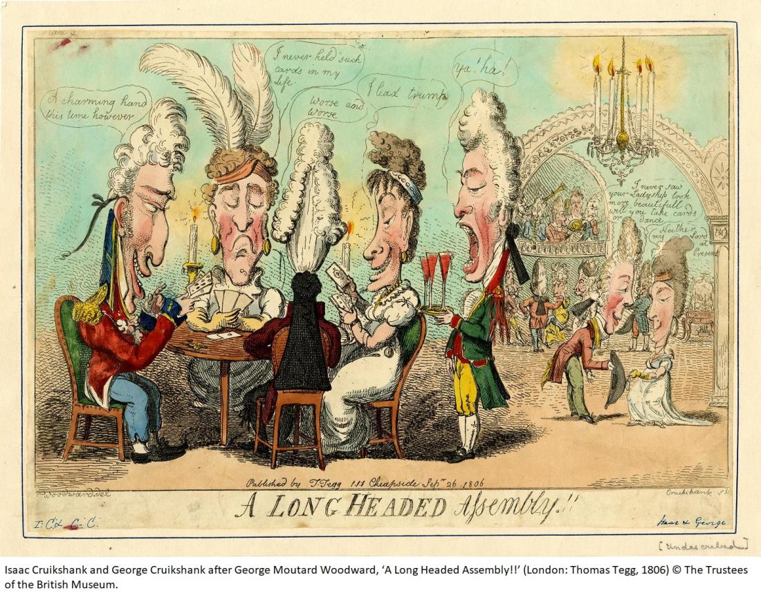 Isaac Cruikshank and George Cruikshank after George Moutard Woodward, ‘A Long Headed Assembly!!’ (London: Thomas Tegg, 1806) © The Trustees of the British Museum. Isaac Cruikshank and George Cruikshank after George Moutard Woodward, ‘A Long Headed Assembly!!’ (1806) © The Trustees of the British Museum. The image shows a caricatured group of people playing cards with long heads in the foreground, while in the background are dancers and a band.