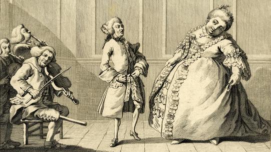 Groves, ‘Sir Harry and Miss Kitty, in High Life Below Stairs’ (c.1760s), showing a man and a large woman dancing to three musicians, one of whom has a wooden leg © The Trustees of the British Museum.  