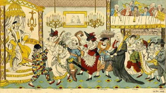 After W. O’Keeffe, frontispiece to Cervantes Hogg (Eaton Stannard Barrett), The Rising Sun. A Serio-Comic Satiric Romance, vol. 2 (1807), showing characters in masquerade dress and a varied band of string, wind, brass and percussions instruments in a raised gallery © The Trustees of the British Museum.