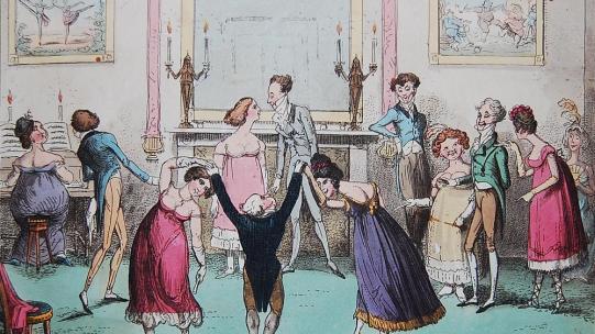 George Cruikshank, ‘Les Graces – Inconveniences in Quadrille Dancing’ (1817), showing two women dancing with a short man, accompanied by a lady on the piano © The Trustees of the British Museum. 
